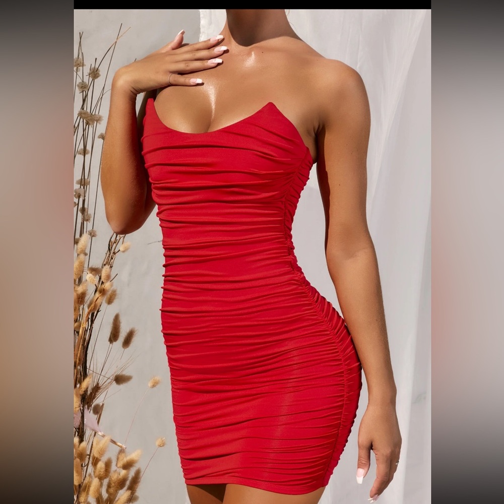 Ruched Bandeau Mini Dress in Red